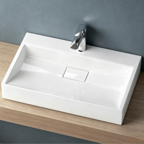 doporro Waschbecken 70 cm Aufsatzwaschbecken mineralguss Hängewaschbecken | Pflegeleichte Oberfläche, verdeckter Ablauf, flexible Montage für Bad & Gäste-WC, 70 x 46 x 11 cm, Weiß, Colossum19