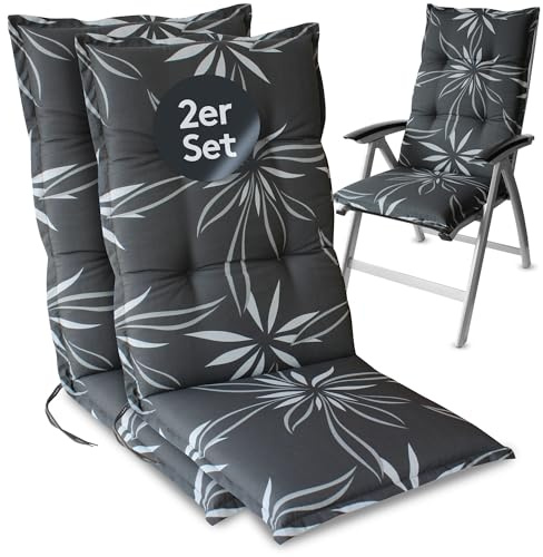 LILENO HOME Gartenstuhl Auflagen als [2er Set - Hochlehner] in Blume Anthrazit-Weiß - Bequeme Liegen als Sitzauflagen für Gartenmöbel - Stuhlkissen für Gartenstühle und Klappstühle