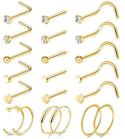 LOCCY 21-30 Stück 20G Nasenpiercing, 316L Edelstahl Nasenring Nasenstecker Silber/Gold Screw/Straight/L-Form Nasenpiercing mit Zirkonia Nostril Piercing Schmuck für Frauen Männer (Gold-21 Stück)