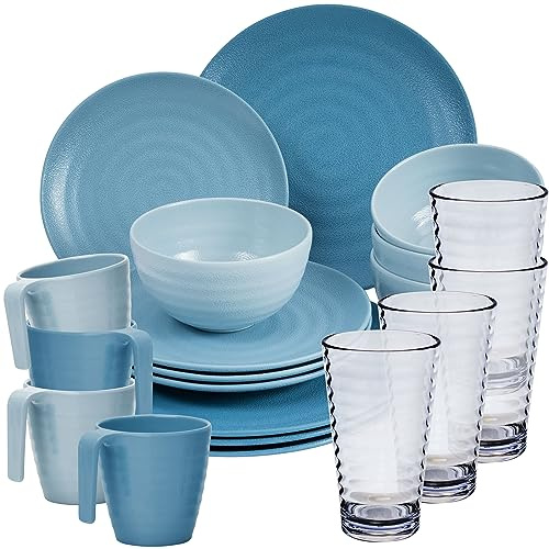 Melamin Geschirr Set 20 Teile elegante Steingut Optik blau mit 400ml klar 4
