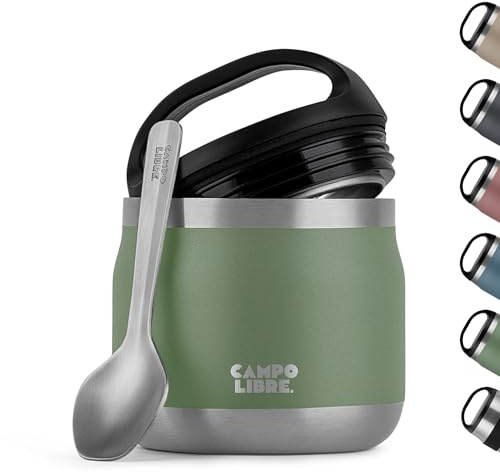 Campo Libre.® Lotta, Thermobehälter für Essen, Edelstahl Thermobecher Essen mit Löffel, Warmhaltebehälter Essen, Mueslicup oder Babybrei Warmhaltebox, Thermo-Essensbehälter, Green, 400ml