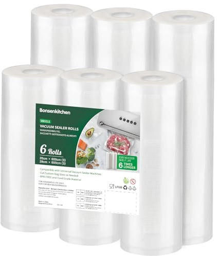 Bonsenkitchen Vakuumrollen 6 Rollen 20x600 cm + 28x600 cm Vakuumierfolie | Profi Vakuumbeutel für Vakuumierer Lebensmittel Vakuumiergerät, Kochfest und Sous Vide Gefrierbeutel, BPA-frei, VB3211