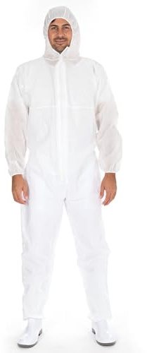 FRANZ MENSCH 50 Stück Hygostar Overalls Typ 5+6 | SMS, weiß, XXL, Einweg Overall, Hygienebekleidung, Chemikalienschutzanzug
