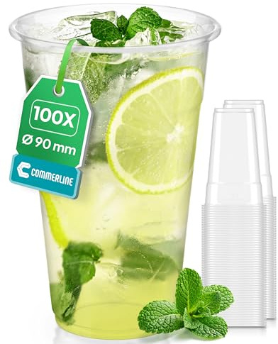 Commerline 100 Stück Plastikbecher 0,4L Trinkbecher, Plastik Transparent Becher, Partybecher, Kunststoffbecher, Wasserbecher Ausschankbecher
