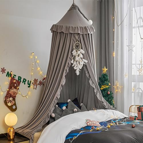 HUOQOU Betthimmel für Mädchen Prinzessin Runder Kuppel Träumendes Moskitonetz Bettwäsche Mädchenzimmer Schloss Spielzelt Hängendes Haus Dekor Leseecke Baldachine(Grau)