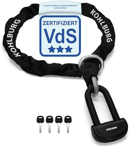 KOHLBURG 6kg massives 150cm VdS Sicherheits- Motorradschloss Typ Alcatraz, 13mm Spezialstahl-Kette, Kettenschloss höchste Sicherheitsstufe 15+ von 15 - Schloss lang VdS zertifiziert für Motorrad Ebike