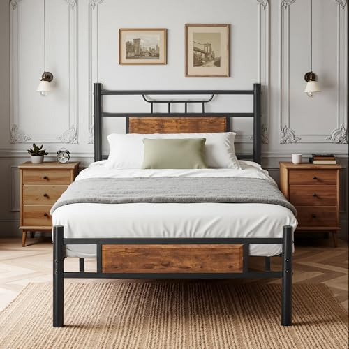 VECELO Bettgestell 90x200 cm mit Stauraum & Holzkopfteil – Einzelbett mit Metall-Lattenrost für Jugend- und Gästezimmer, Braun
