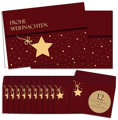 BIROYAL Weihnachtskarten mit Umschlag Set 12 Stück - A6 Klappkarten Weihnachten - Goldprägung Weihnachtskarten Set - Christmas Card - Weihnachtsgrußkarten - leere Innenseite Weihnachtspostkarten