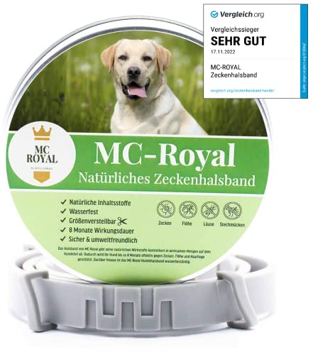 MC-Royal® Zeckenhalsband für Hunde - Effektiver Schutz vor Ungeziefern - wasserdicht und verstellbar - bis zu 8 Monate Zeckenschutz mit 100% natürlichen Inhaltsstoffen