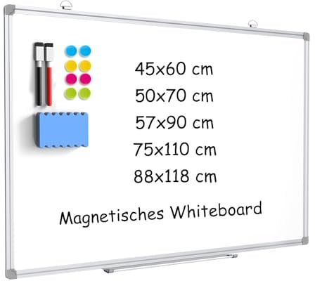 DOLLAR BOSS Magnetisches Whiteboard, 45X60CM Magnettafel Magnetpinnwand mit 2 Whiteboard Stifte, 8 Magnete and 1 White Board Radiergummi, für Schule & Küche und Büro, aufhängen, keine Bohrung