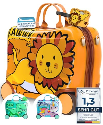 Kinderkoffer zum Draufsitzen Löwe – Handgepäck & Reisekoffer für Kinder | Trägt über 50 kg zum ermüdungsfreien Sitzen, 20 l Volumen, leise Gummireifen – Handgepäckmaß 34x21x41 cm