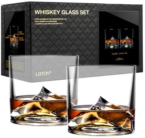 LIITON Mount Everest Kristall-Whiskeygläser 2er-Set, je 1 lb, dickwandig & gefrierbar, Premium-Bourbon-Glas, kühlt Cocktails ohne Eis, stilvolles Whiskygeschenk für Männer, 10 oz