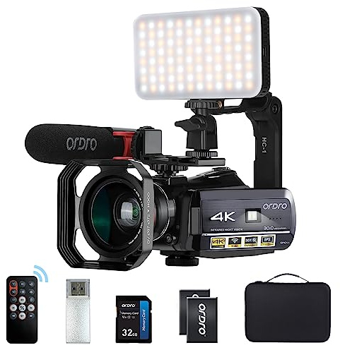 ORDRO AC3 IR Nachtsicht Camcorder 4k Videokamera 1080P 60FPS Vlog Kamera WiFi Camcorder mit Mikrofon, LED Licht, Weitwinkelobjektiv, Halter, Tragetasche