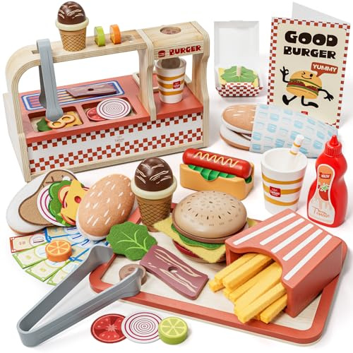 Lehoo Castle Kinderküche Zubehör, kaufladen Zubehör Holz, Kaufmannsladen Zubehör, Spielen Sie Hamburger Shop, Mädchen Geschenke 3 Jahre, Spielküche Zubehör Spielzeug ab 3 Jahre