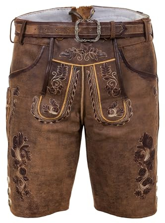 Edelnice Trachtenmode Bayerische Traditionelle Kurze Lederhose Thomas mit passendem Trachtengürtel Gr. 50