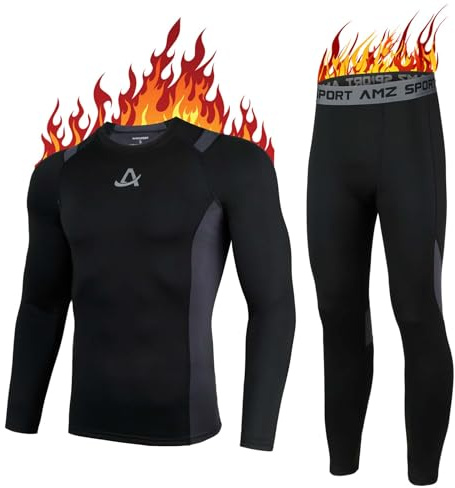 AMZSPORT Herren Thermounterwäsche Set Warmes Kompressionsshirt Kompressionshose Atmungsaktive Funktionsunterwäsche Winter Unterwäsche