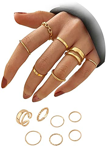 XLWEN Knuckle Rings für Frauen und Männer - Schlangenkette Stapelring Vintage Boho Midi Ringe, Größe gemischt, Fingerringe, Damen und Herren Geeignet (Gold)