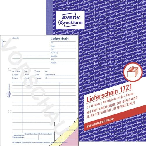 AVERY Zweckform 1721 Lieferschein mit Empfangsschein (A5, 3x40 Blatt, selbstdurchschreibend mit farbigem Durchschlag, zur Erfassung aller relevanten Lieferpositionen) weiß/gelb/rosa