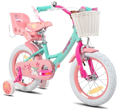 JOYSTAR Einhorn 12 Zoll Kinderfahrrad für 3 4 5 Jahre Mädchen, Kinderfahrrad mit Puppenfahrradsitz & Stützrädern, Grün