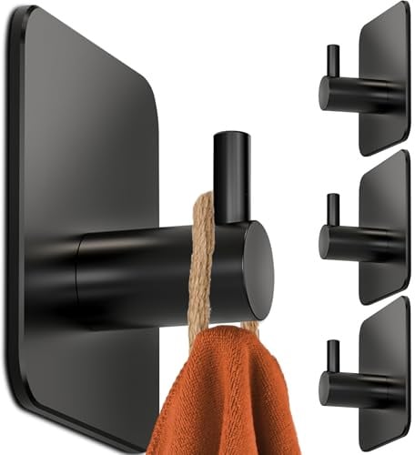 4smile Handtuchhaken Selbstklebend, 4er Set, schwarz, 304 Edelstahl Klebehaken für Bad und Küche, wasserdichte Handtuchhaken ohne bohren, Rostfreie Badezimmer Handtuchhalter, Ideal für Fliesen, 10kg