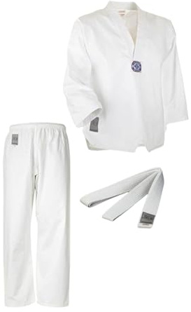 Ju-Sports Taekwondo Anzug Bonsai Weiß 110 I Dobok Taekwondo speziell für Kinder I Taekwondo Kimono inkl. weißem Gürtel I Hose mit Kickzwickel I 100% Baumwolle