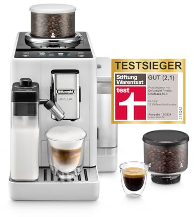 De'Longhi Rivelia - Kaffeevollautomat 16 Getränke Weiß | Kaffeemaschine mit LatteCrema Hot-Milchaufschäumer, Farbdisplay, Wechselbare Bohnenbehälter, EXAM440.55.W