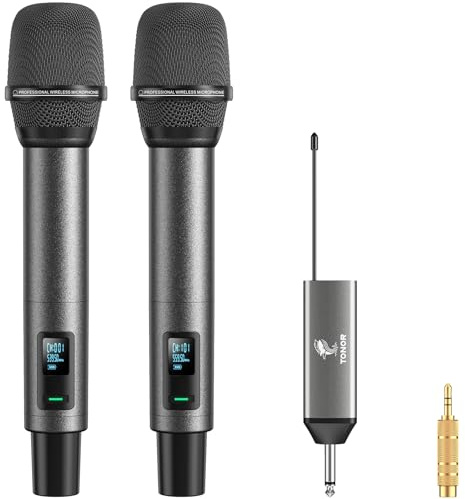 TONOR Mikrofon Kabellos, Wiederaufladbares Funkmikrofon Set, Metall, UHF, 2x20 Einstellbare Wireless Microphone für Kirche, Party, Hochzei, Hochzeit mit Einstellbarer Lautstärke, 80 m, TW520
