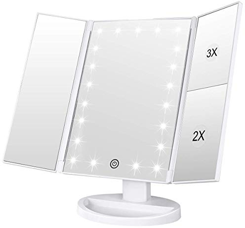 WEILY Schminkspiegel mit Beleuchtung, Faltbare Kosmetikspiegel mit 1X/2X/3X Vergrößerung, Schminkspiegel mit Touch Beleuchtung, Tischspiegel Unterstützung USB und Batterie (Weiß)