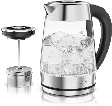 Arendo - 2in1 Glas Wasserkocher mit Temperatureinstellung und Teesieb Teekocher - Einstellbare Temperaturen 40, 70, 80, 90, 100 Grad - 1,7 Liter - Abschaltautomatik - Warmhaltefunktion - 2 Deckel