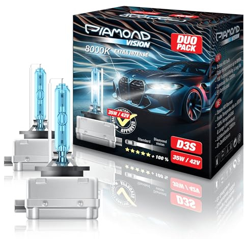 Diamond Vision 2x D3S 42V 35W | Xenon Look | Zugelassen & eintragungsfrei | Halogen KFZ Autolampen | 8000k Super Ultra White | HID Bi | Nightbreaker | E-Prüfzeichen | PK32d-5