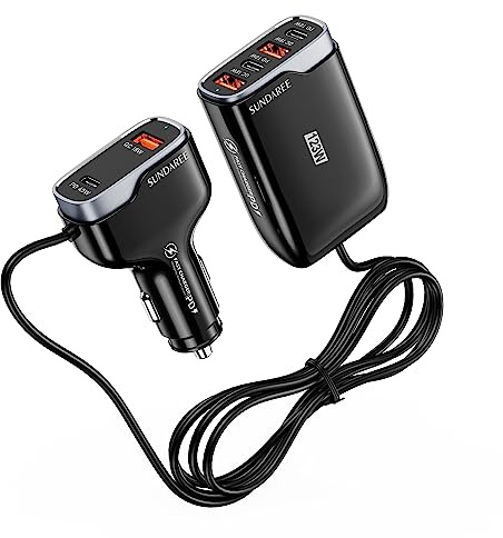 SUNDAREE Auto Ladegerät Multiport,123W USB C 6 Port 12V QC PD Type C Kfz Schnellladen 1.75M Kable Rücksitz Zigarettenanzünder Adapter für Samsung A57/iPhone 18/Redmi Not 17/Pixel 9a/Macbook/Galaxy Tab