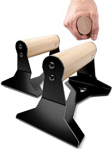 PULLUP & DIP Liegestützgriffe mit ergonomischem Holz Griff und hochbelastbarem Stahl - Rutschfeste Push-Up bars Handstandbarren für Krafttraining und Calisthenics