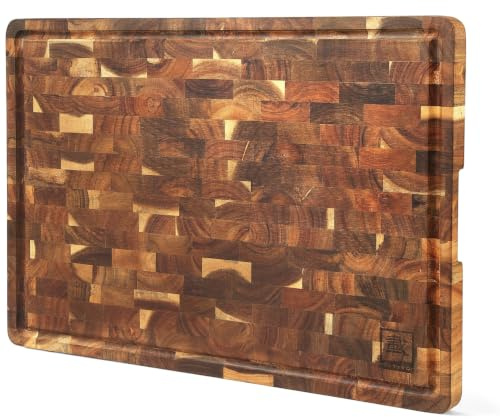 OLEIO Stirnholz Schneidebrett Holz, Akazie, 53 x 38 x 3 cm, mit Saftrille | Großes Holzschneidebrett mit Silikonfüßen und Griffmulden. Messerschonend, zum Schneiden, Tranchieren und als Servierplatte.