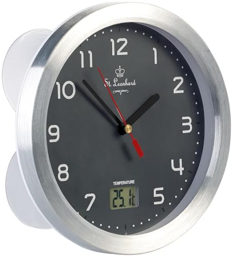 St. Leonhard Uhr mit Saugnapf: Badezimmer-Wanduhr mit LCD-Thermometer, Aluminium-Rahmen, IPX4, Grau (Duschuhr, Wanduhr mit Saugnäpfen, Pool)