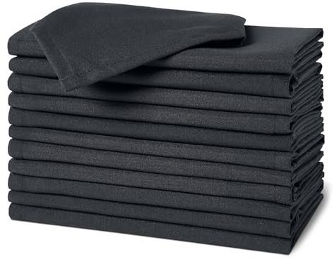 Amazon Basics Wiederverwendbare schmutzabweisende und knitterfreie Stoffservietten, 12er-Pack, 43 x 43 cm, Schwarz