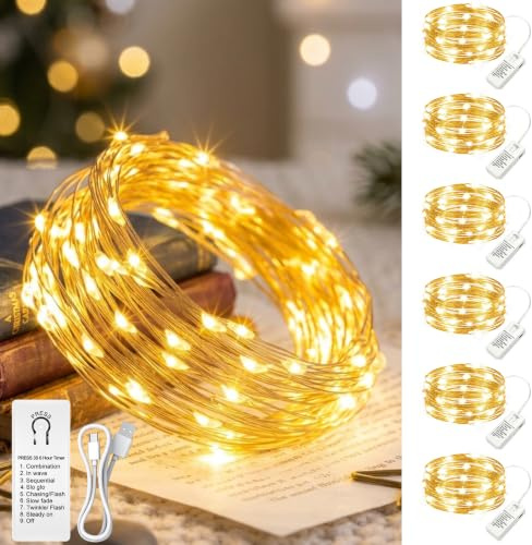 HXWEIYE 6 Stück/8 Modi Lichterkette mit Aufladbarer Batterie, 2M 20LED | Mit Timer, Mini Lichterketten Innen klein, Für Schlafzimmer Weihnachten Hochzeit Deko (WarmWeiß)
