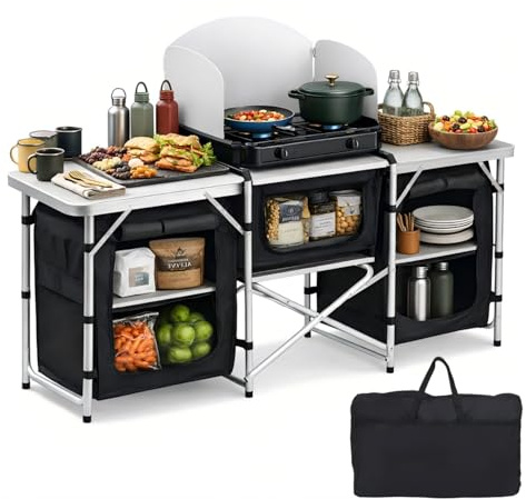 Daromigo XXL Campingküche faltbar, 3 Arbeitsflächen & 5 Fächer – Mobile Outdoor Kochstation mit Windschutz & Tasche, Großer Campingschrank stabil für Familien, Grillen & Wohnmobil