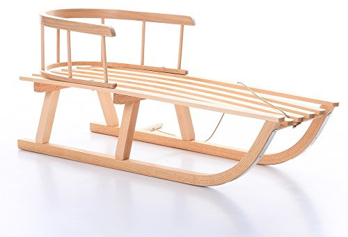 Holzschlitten mit Rückenlehne & Zugseil – Kinderschlitten aus Buchenholz 88cm, Klassischer Rodel mit Metallkufen, Abnehmbare Lehne + Gratis Schneebob von rg-vertrieb