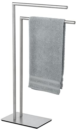 WENKO Handtuchständer Mod. Recco, freistehender Handtuchhalter aus satiniertem Edelstahl mit Schwerer Bodenplatte für sicheren Stand, Zwei Stangen zur Aufbewahrung von Handtüchern, 48 x 80,5 x 20 cm