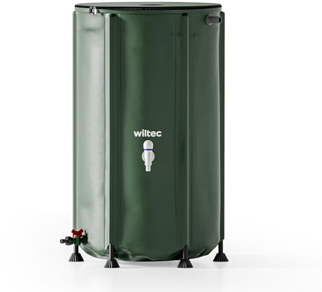 Wiltec Faltbare Regentonne 250 l mit Deckel, Regenfass aus 620 g/m² PVC, Regenwassertank mit Wasserhahn, Wasserspeicher Garten mit Schlauchanschluss