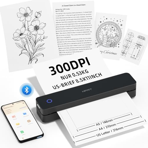 HPRT tragbarer Drucker drahtlos für Reisen, Unterstützt A4-Papier | Bluetooth-Thermodrucker kompatibel mit iOS, Android & Laptop, Tintenloses Mobile für Büro, Schule, Schwarz