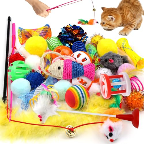 QUOZUO Katzenspielzeug Set, 32 Stück Interaktives Katzen Spielzeug Variety Pack für Katzen Kitten, Bälle, Teaser Stab mit Maus, Federspielzeug, Plüschspielzeug, Spielzeugmäuse