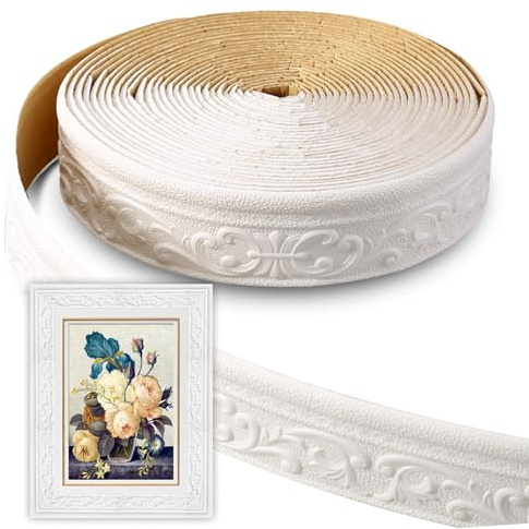 Zamety Bordüre Selbstklebend Weiß, 3D Zierleiste Selbstklebend, Wasserdicht Tapetenbordüre, 10m x 8cm x 5mm Anti-Kollisions Selbstklebende Bordüre, Gelten für Linien, Decken, Ecken