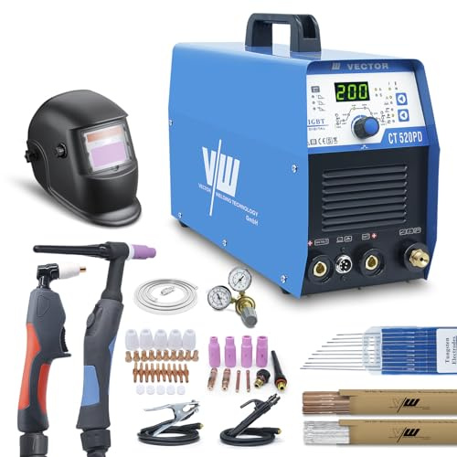 VECTOR WELDING Schweißgerät SET: DC WIG mit Plasmaschneider, Schweißhelm, Druckminderer, IGBT Inverter Schweissgerät | CT520PD