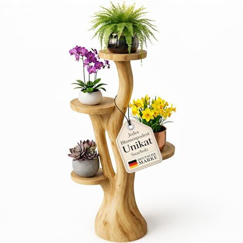 My-goodbuy24 Blumenständer Blumentreppe Blumenpodest Blumenhocker Pflanzen Blumen Deko Treppe Holz Massivholz Suar mit 4 Ablagen Höhe 95cm Pflanzenetagere Pflanzenständer
