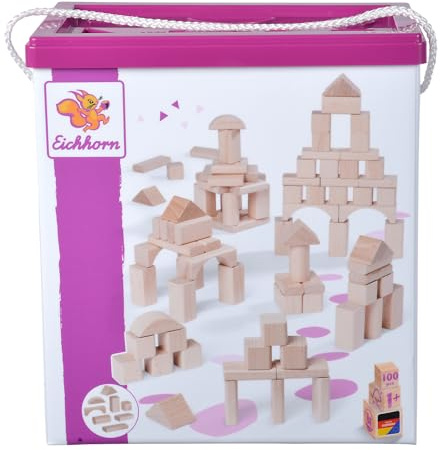 Eichhorn 100010141 100 naturfarbene Holzbausteine in der Aufbewahrungsbox mit Kordel und Sortierdeckel, für Kinder ab 1 Jahr