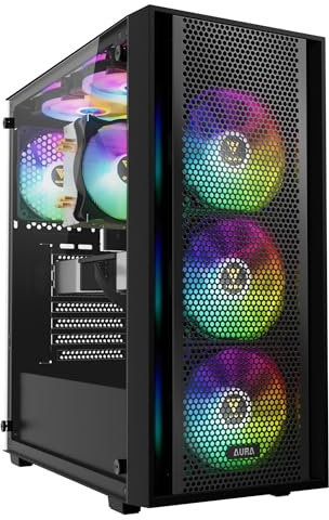 GAMDIAS PC-Gehäuse, ATX-Computergehäuse für Gaming, Mid-Tower, werkzeuglose Seite aus gehärtetem Glas, hohe Luftstrom-Mesh-Frontplatte, vorinstallierter 4 x 120 mm ARGB-Lüfter, Schwarz, AURA GC2 Elite