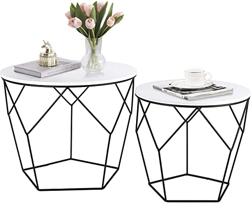 Ribelli 2er Set Beistelltisch, Wohnzimmertisch mit Korbfunktion, Couchtisch Rund, Korbtisch mit Abnehmbare Tischplatte, Metalltische für Wohnzimmer, Schlafzimmer, Büro, Weiß, 500341