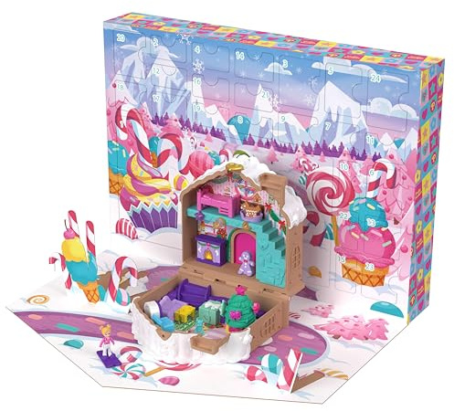 Polly Pocket Adventskalender Puppe, Lebkuchenhaus-Spielset zum Selbermachen mit 24 Überraschungen, Puppenhausmöbeln und Weihnachtszubehör, JFV13