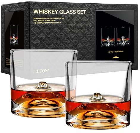 LIITON Exklusiv Whisky Gläser Set Fuji 2-teilig aus Kristallglas, Tumblergläser, Geschenke für Männer für Cocktails, Gin, Bourbon, Rum, Trinkgläser Geschenkset